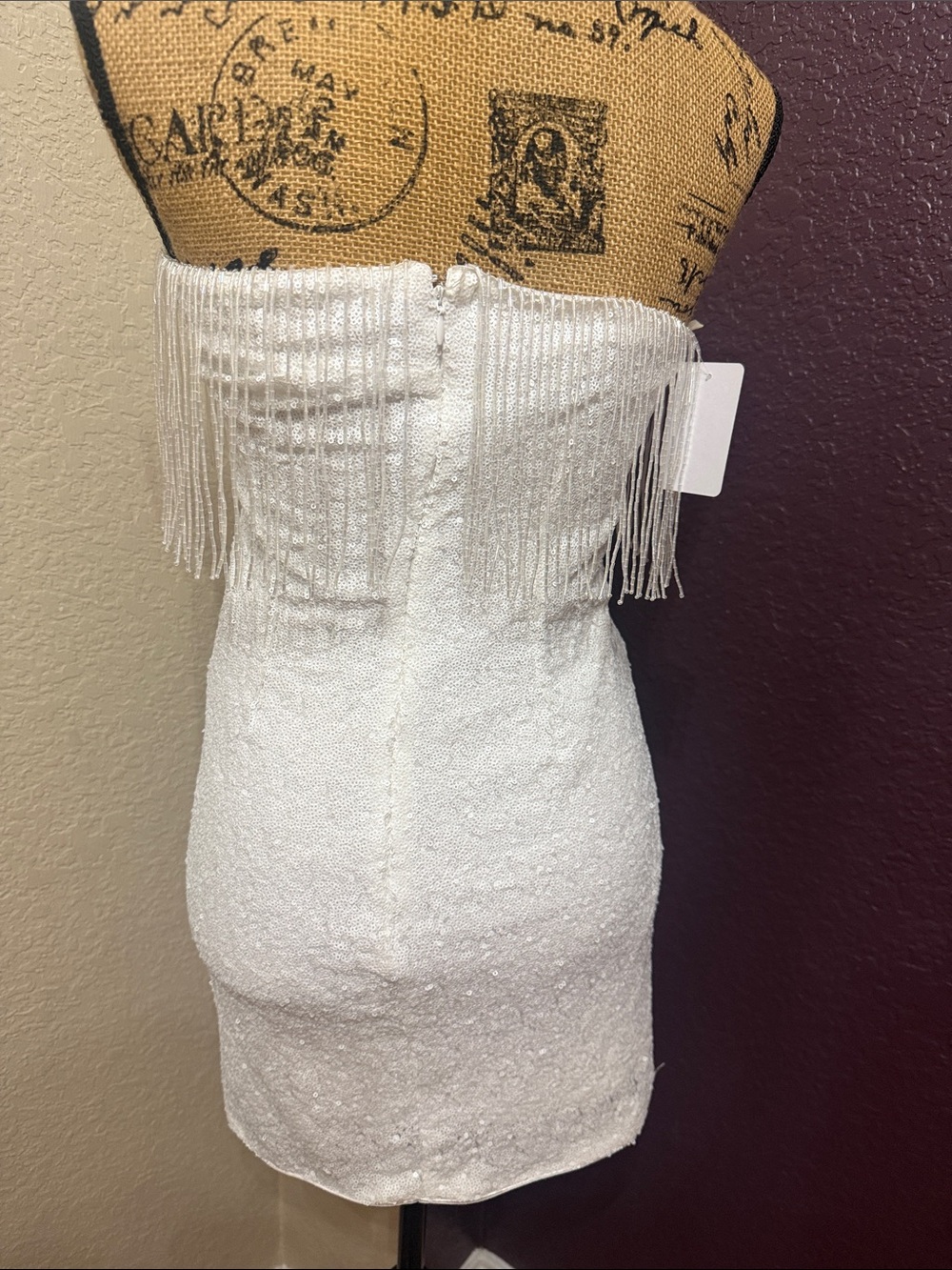 Strapless White Sequin Fringe Mini Dress - Picture 2 of 3